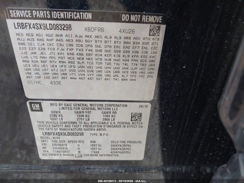 2020 Buick Envision VIN LRBFX4SX9LD083298 IAAI salvage auction — FRONT END, Salvage (Missouri), sold $550 on 2026-07-15 (photo 9)