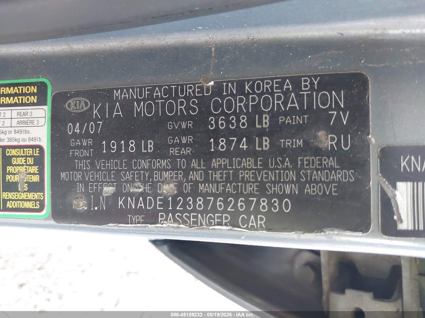 2007 Kia Rio VIN KNADE123876267830 IAAI salvage auction — FRONT END, Salvage (Iowa), sold $500 on 2026-07-07 (photo 9)