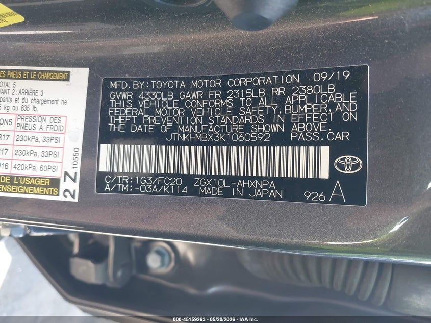 2019 Toyota C-hr VIN JTNKHMBX3K1060592 IAAI salvage auction — LEFT REAR, Salvage Certificate (California), sold $3,400 on 2026-07-31 (photo 9)