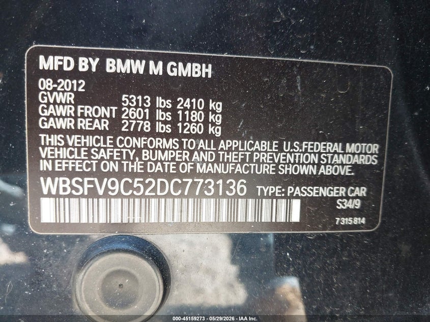 2013 BMW M5 VIN WBSFV9C52DC773136 IAAI salvage auction — FRONT END, Salvage Title, sold $25 on 2026-07-29 (photo 9)