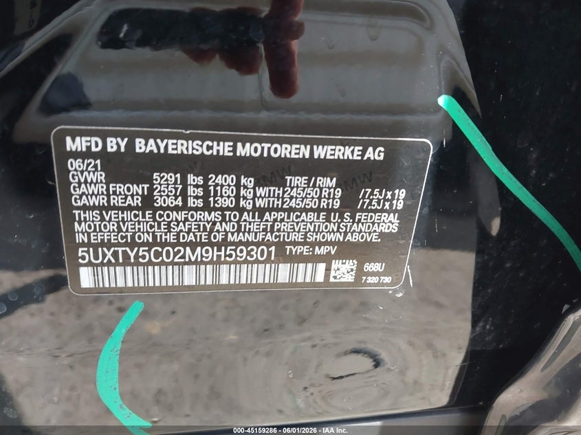 2021 BMW X3 VIN 5UXTY5C02M9H59301 IAAI salvage auction — LEFT SIDE, Salvage Title, sold $15,550 on 2026-07-07 (photo 9)