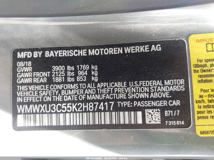 2019 Mini Hard top VIN WMWXU3C55K2H87417 IAAI salvage auction — MECHANICAL, Salvage - Greater Than 75% (Maryland), sold $4,000 on 2026-08-11 (photo 9)