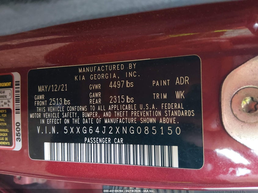 2022 Kia K5 VIN 5XXG64J2XNG085150 IAAI salvage auction — LEFT FRONT, Salvage (Arizona), sold $3,400 on 2026-07-14 (photo 9)