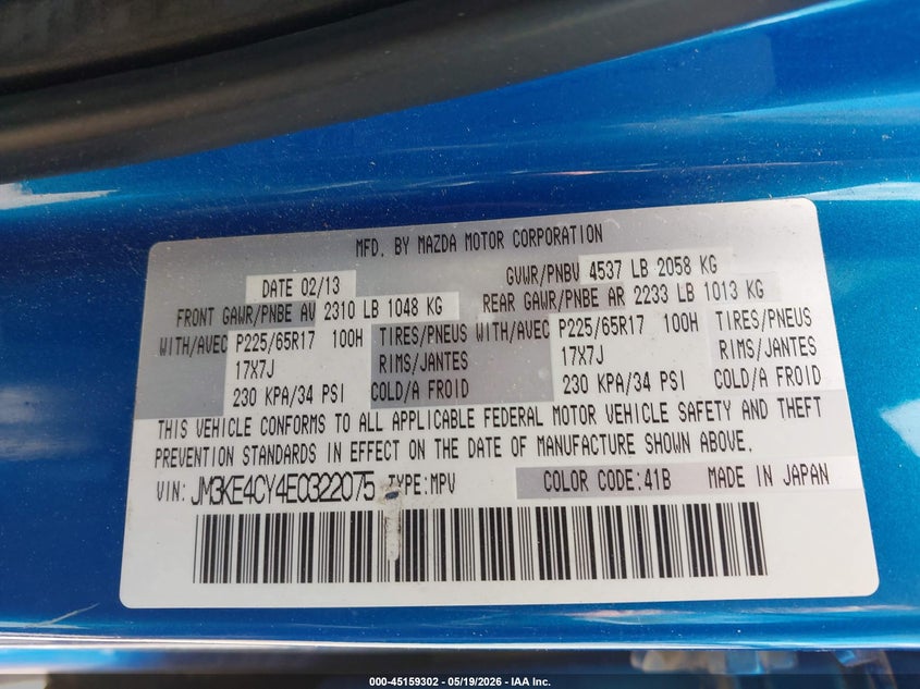 2014 Mazda Cx-5 VIN JM3KE4CY4E0322075 IAAI salvage auction — FRONT END, Salvage (Utah), sold $1,350 on 2026-07-16 (photo 9)