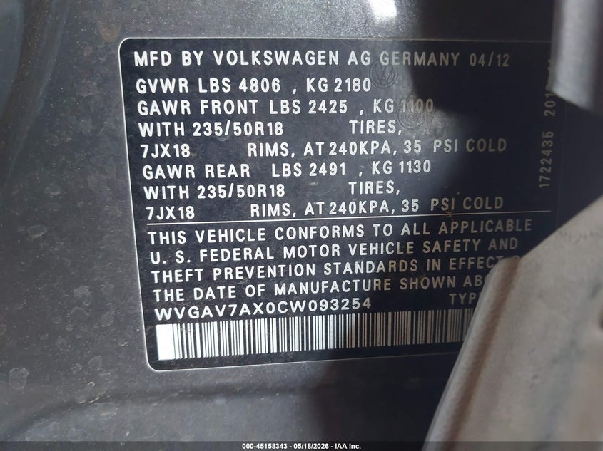 2012 Volkswagen Tiguan VIN WVGAV7AX0CW093254 IAAI salvage auction — NORMAL WEAR, Clear-Dealer Only (Arizona), sold $425 on 2026-07-28 (photo 9)