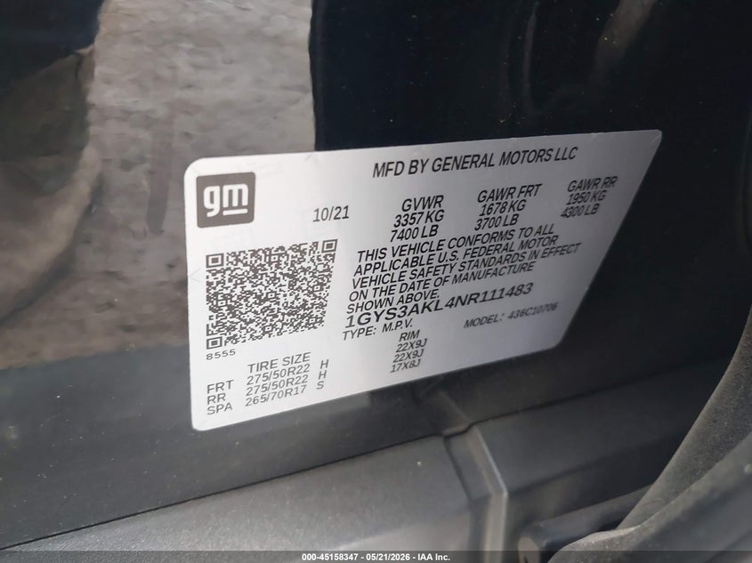 2022 Cadillac Escalade VIN 1GYS3AKL4NR111483 IAAI salvage auction — HAIL, Original (Texas), sold $28,250 on 2026-07-30 (photo 9)