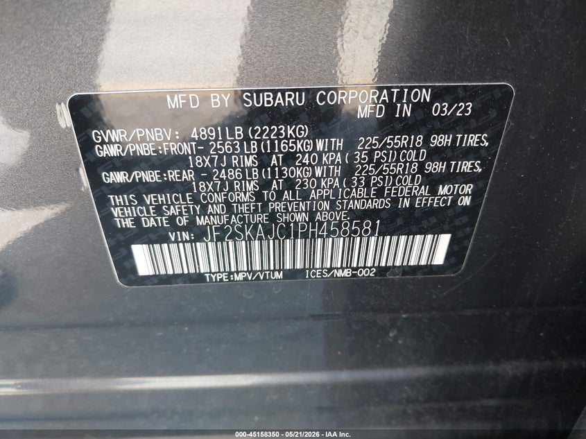 2023 Subaru Forester VIN JF2SKAJC1PH458581 IAAI salvage auction — RIGHT SIDE, Salvage (California), sold $5,400 on 2026-07-14 (photo 9)