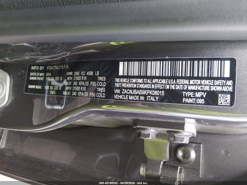 2019 Jeep Renegade VIN ZACNJBAB9KPK08015 IAAI salvage auction — FRONT END, Salvage Title, sold $2,150 on 2026-07-21 (photo 9)