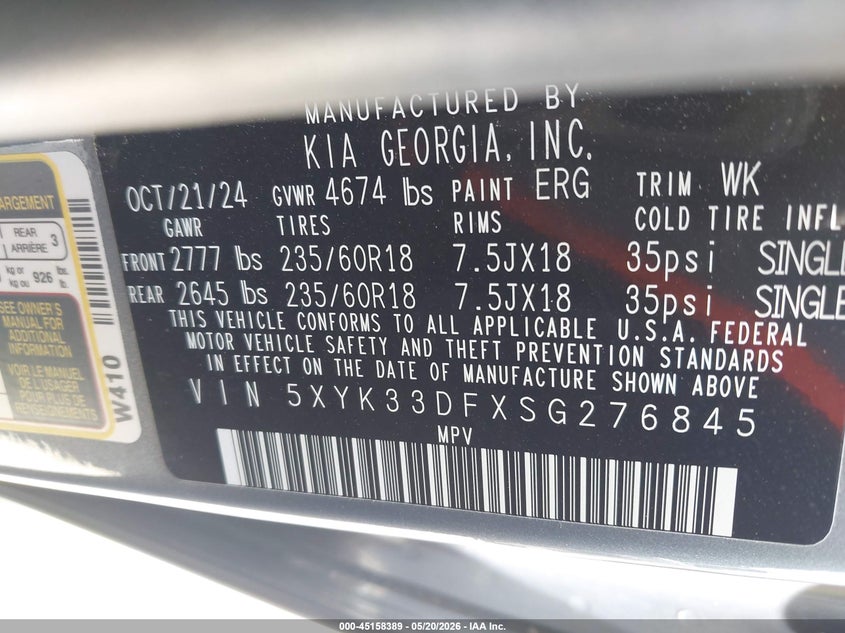 2025 Kia Sportage VIN 5XYK33DFXSG276845 IAAI salvage auction — FRONT END, Rebuildable (Florida), sold $7,550 on 2026-07-15 (photo 9)