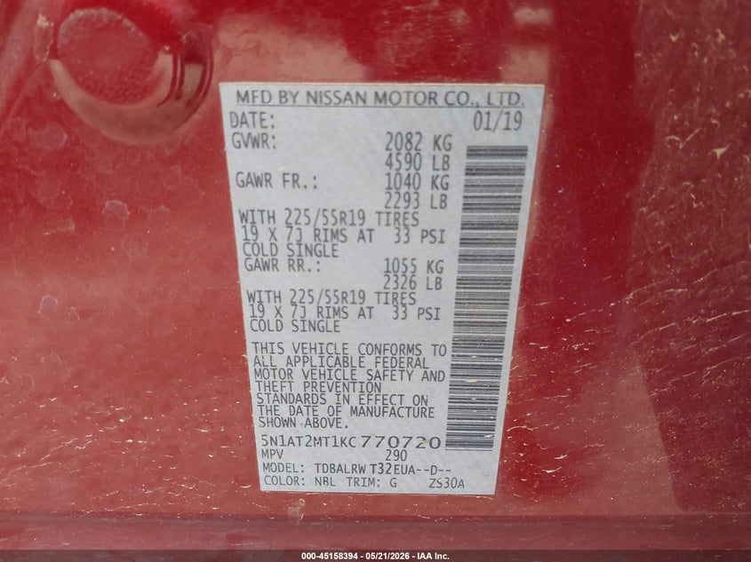 2019 Nissan Rogue VIN 5N1AT2MT1KC770720 IAAI salvage auction — FRONT END, Original (Texas), sold $25 on 2026-07-10 (photo 9)