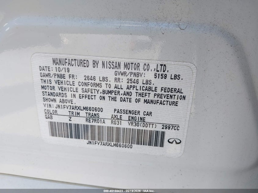 2020 Infiniti Q50 VIN JN1FV7ARXLM660600 IAAI salvage auction — LEFT SIDE, Salvage - Greater Than 75% (Maryland), sold $100 on 2026-07-27 (photo 9)