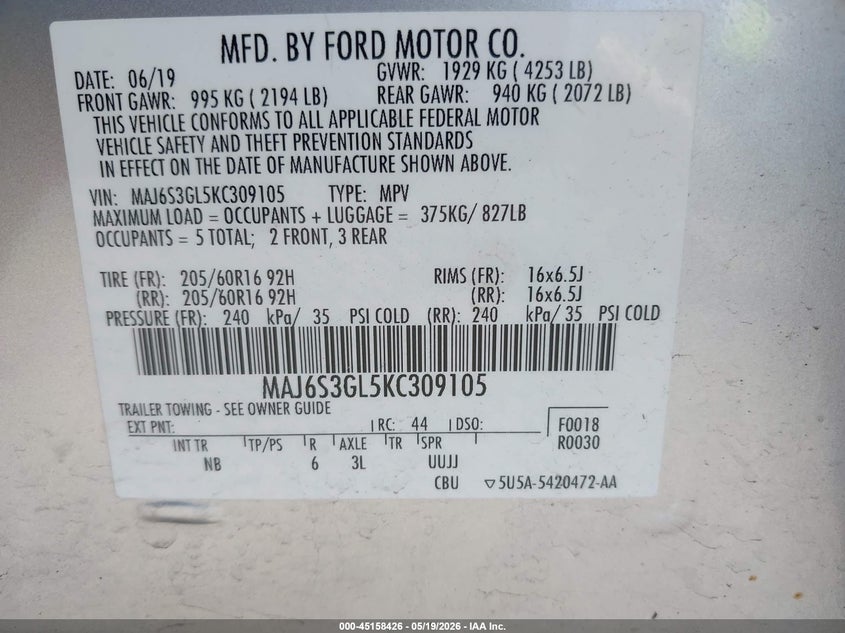 2019 Ford Ecosport VIN MAJ6S3GL5KC309105 IAAI salvage auction — HAIL, Salvage (Ohio), sold $1,225 on 2026-07-28 (photo 9)