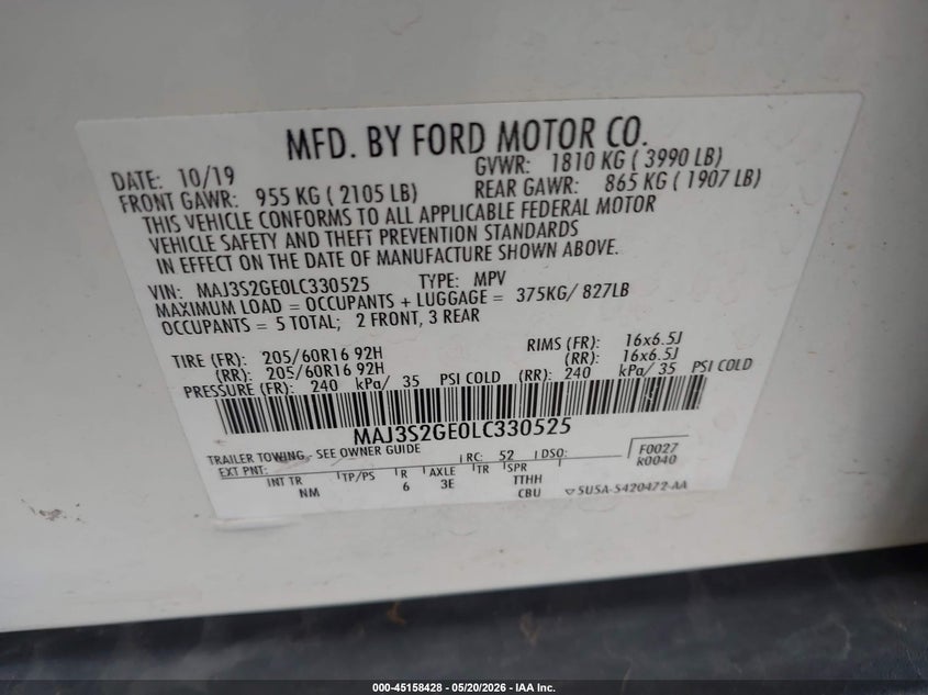 2020 Ford Ecosport VIN MAJ3S2GE0LC330525 IAAI salvage auction — FRONT END, Salvage (Oklahoma), sold $1,550 on 2026-07-08 (photo 9)