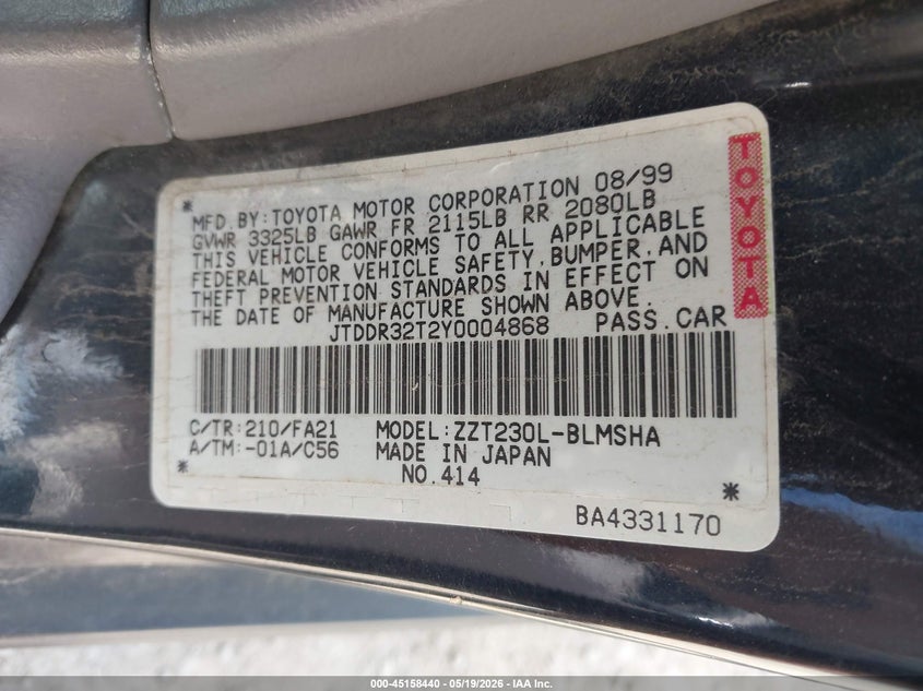2000 Toyota Celica VIN JTDDR32T2Y0004868 IAAI salvage auction — REAR END, Salvage (Ohio), sold $200 on 2026-07-06 (photo 9)