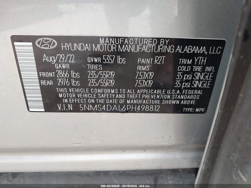 2023 Hyundai Santa fe VIN 5NMS4DAL6PH498812 IAAI salvage auction — FRONT END, Original (Texas), sold $8,100 on 2026-07-30 (photo 9)