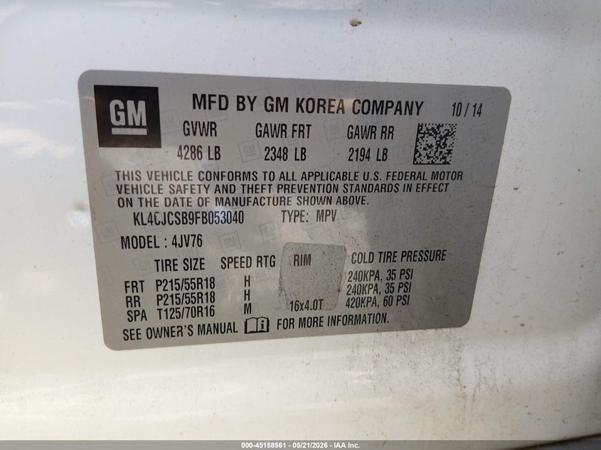2015 Buick Encore VIN KL4CJCSB9FB053040 IAAI salvage auction — FRONT & REAR, Salvage (South Carolina), sold $900 on 2026-07-14 (photo 9)
