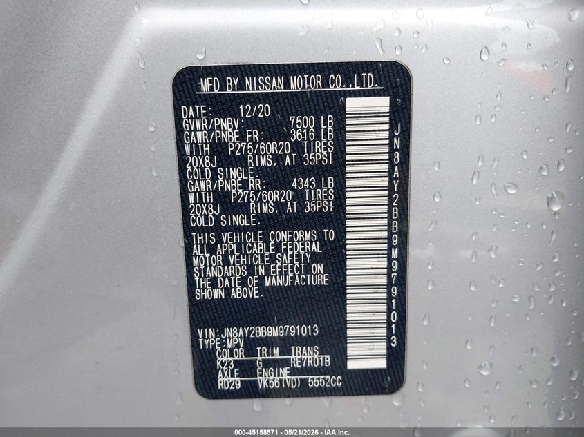 2021 Nissan Armada VIN JN8AY2BB9M9791013 IAAI salvage auction — FRONT END, Salvage - 75% Or Less (Maryland), sold $17,425 on 2026-07-09 (photo 9)