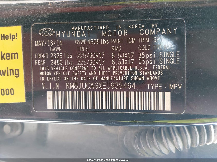 2014 Hyundai Tucson VIN KM8JUCAGXEU939464 IAAI salvage auction — ROLLOVER, Salvage (West Virginia), sold $800 on 2026-07-22 (photo 9)