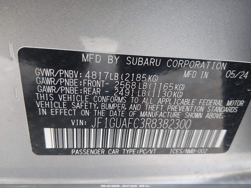 2024 Subaru Impreza VIN JF1GUAFC3R8382300 IAAI salvage auction — FRONT END, Salvage (West Virginia), sold $2,150 on 2026-07-23 (photo 9)