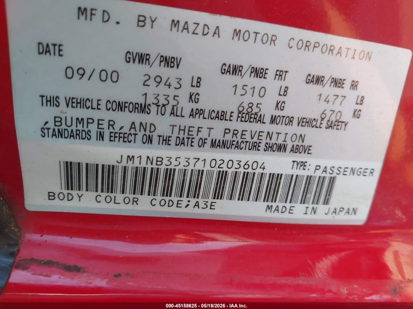 2001 Mazda Mx-5 VIN JM1NB353710203604 IAAI salvage auction — HAIL, Clear (Oklahoma), sold $2,600 on 2026-07-22 (photo 9)