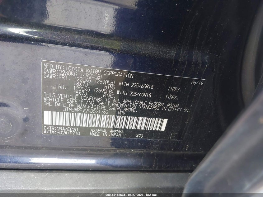 2019 Toyota Rav 4 VIN JTMEWRFV2KD521762 IAAI salvage auction — FRONT END, Salvage Title, sold $9,300 on 2026-07-07 (photo 9)