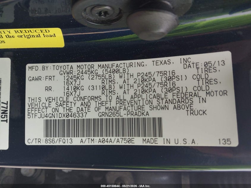 2013 Toyota Tacoma VIN 5TFJU4GN1DX046337 IAAI salvage auction — RIGHT SIDE, Original (Texas), sold $5,700 on 2026-07-16 (photo 9)