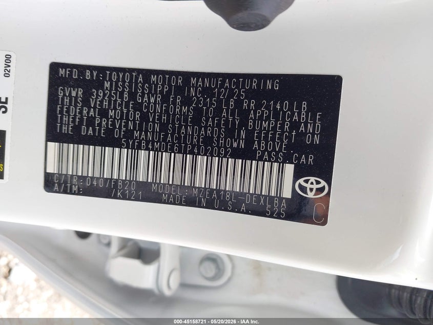 2026 Toyota Corolla VIN 5YFB4MDE6TP402092 IAAI salvage auction — FRONT END, Non-Repairable (Texas), sold $2,950 on 2026-07-07 (photo 9)