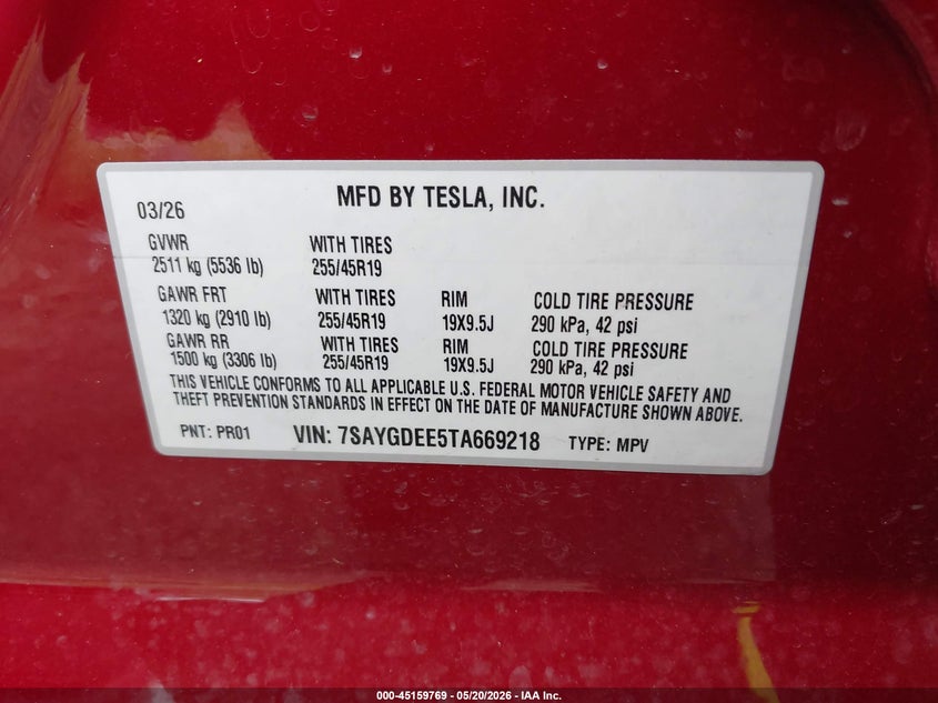 2026 Tesla Model y VIN 7SAYGDEE5TA669218 IAAI salvage auction — REAR END, Clear (Michigan), sold $23,500 on 2026-07-10 (photo 9)