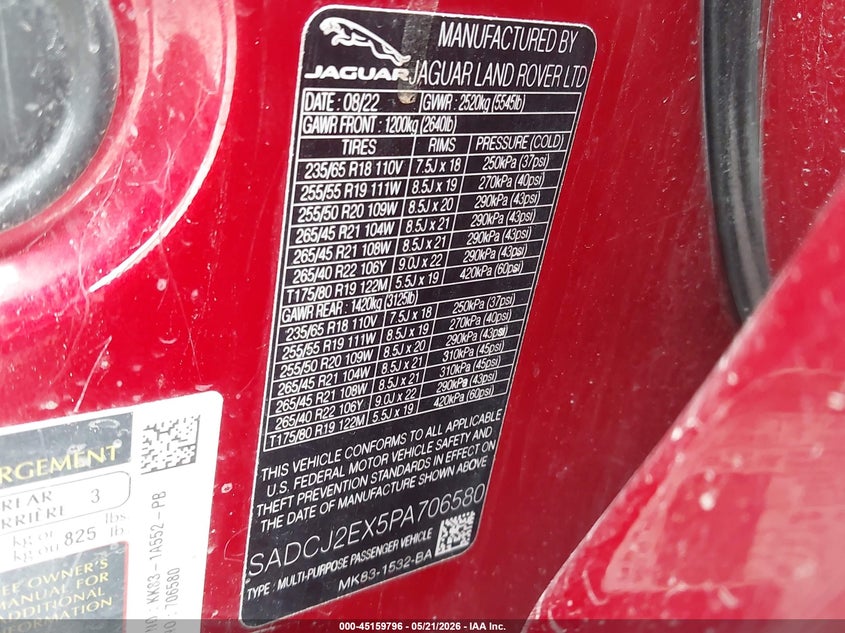 2023 Jaguar F-pace VIN SADCJ2EX5PA706580 IAAI salvage auction — FRONT END, Original (Texas), sold $9,000 on 2026-07-15 (photo 9)