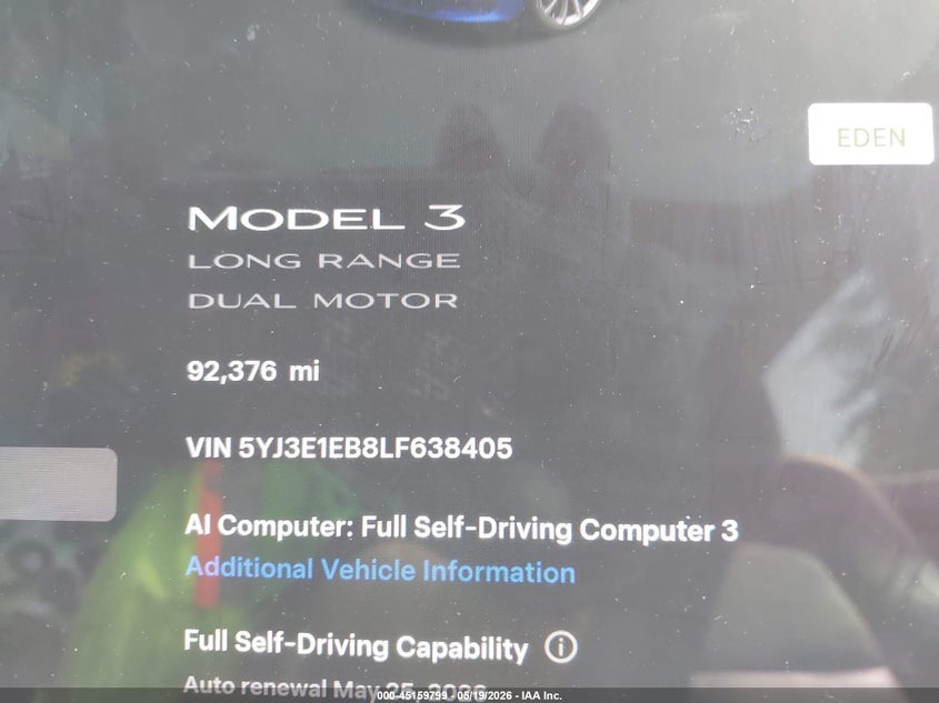 2020 Tesla Model 3 VIN 5YJ3E1EB8LF638405 IAAI salvage auction — REAR END, Salvage (New Jersey), sold $7,050 on 2026-07-16 (photo 7)