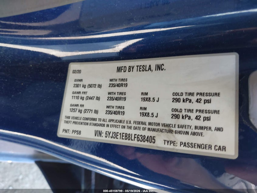 2020 Tesla Model 3 VIN 5YJ3E1EB8LF638405 IAAI salvage auction — REAR END, Salvage (New Jersey), sold $7,050 on 2026-07-16 (photo 9)