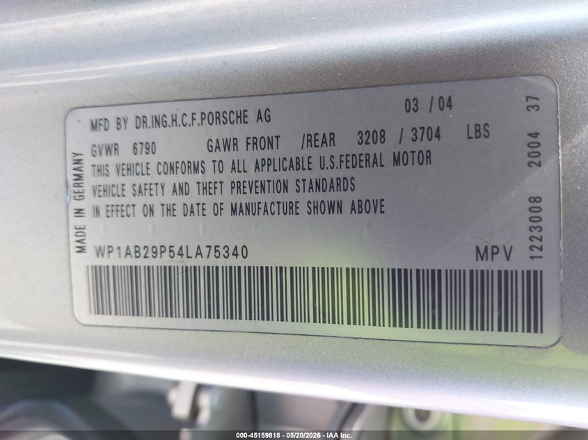 2004 Porsche Cayenne VIN WP1AB29P54LA75340 IAAI salvage auction — LEFT REAR, Salvage (California), sold $350 on 2026-07-13 (photo 9)