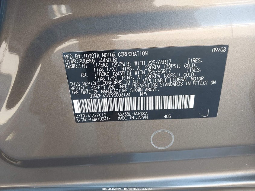 2009 Toyota Rav4 VIN JTMZF33V095003124 IAAI salvage auction — SIDE, Salvage (California), sold $1,800 on 2026-07-15 (photo 9)