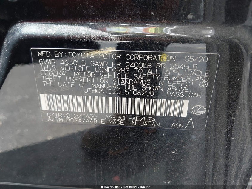 2020 Lexus Is VIN JTHGA1D20L5106208 IAAI salvage auction — LEFT FRONT, Rebuildable (Florida), sold $6,750 on 2026-07-09 (photo 9)