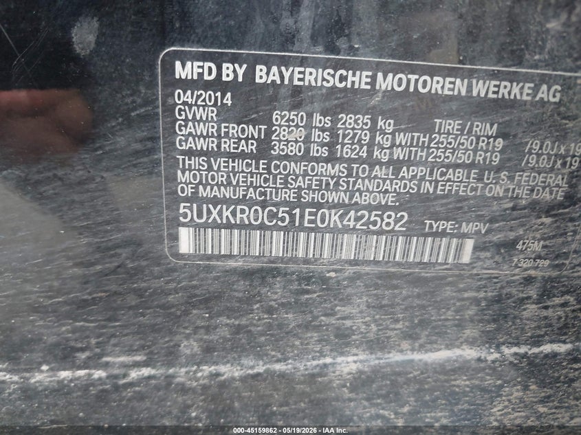 2014 BMW X5 VIN 5UXKR0C51E0K42582 IAAI salvage auction — ROOF, Mv-907A (New York), sold $3,500 on 2026-07-14 (photo 9)