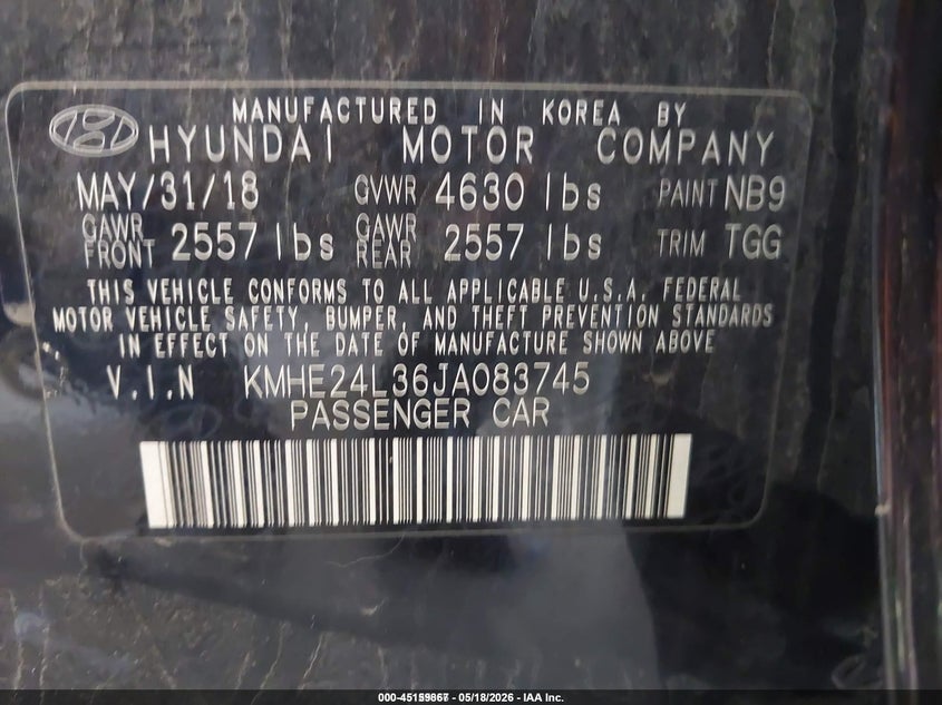 2018 Hyundai Sonata hybrid VIN KMHE24L36JA083745 IAAI salvage auction — HAIL, Sf97 (Kansas), sold $10,900 on 2026-07-09 (photo 9)