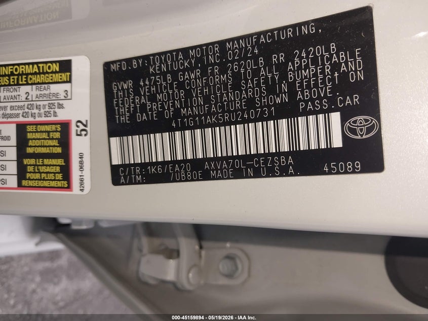 2024 Toyota Camry VIN 4T1G11AK5RU240731 IAAI salvage auction — LEFT SIDE, Salvage (Illinois), sold $6,700 on 2026-07-19 (photo 9)
