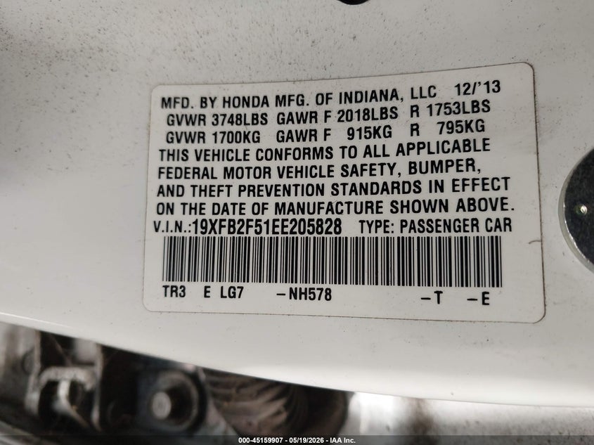2014 Honda Civic VIN 19XFB2F51EE205828 IAAI salvage auction — REAR END, Salvage (California), sold $2,200 on 2026-07-09 (photo 9)