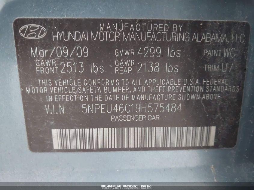 2009 Hyundai Sonata VIN 5NPEU46C19H575484 IAAI salvage auction — NORMAL WEAR, Clear (Pennsylvania), sold $2,000 on 2026-07-14 (photo 9)