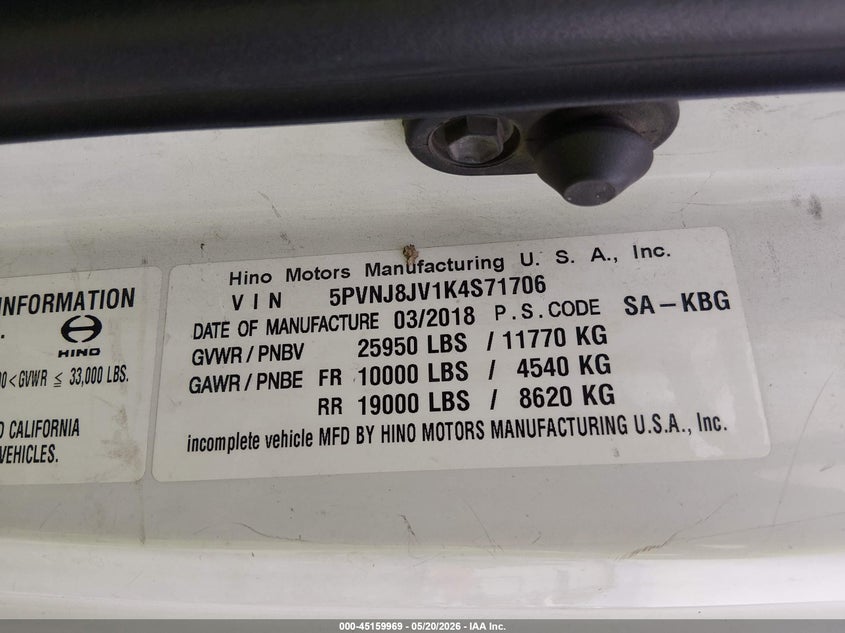 2019 Hino 258/268 VIN 5PVNJ8JV1K4S71706 IAAI salvage auction — FRONT END, Salvage (Texas), sold $100 on 2026-07-08 (photo 8)