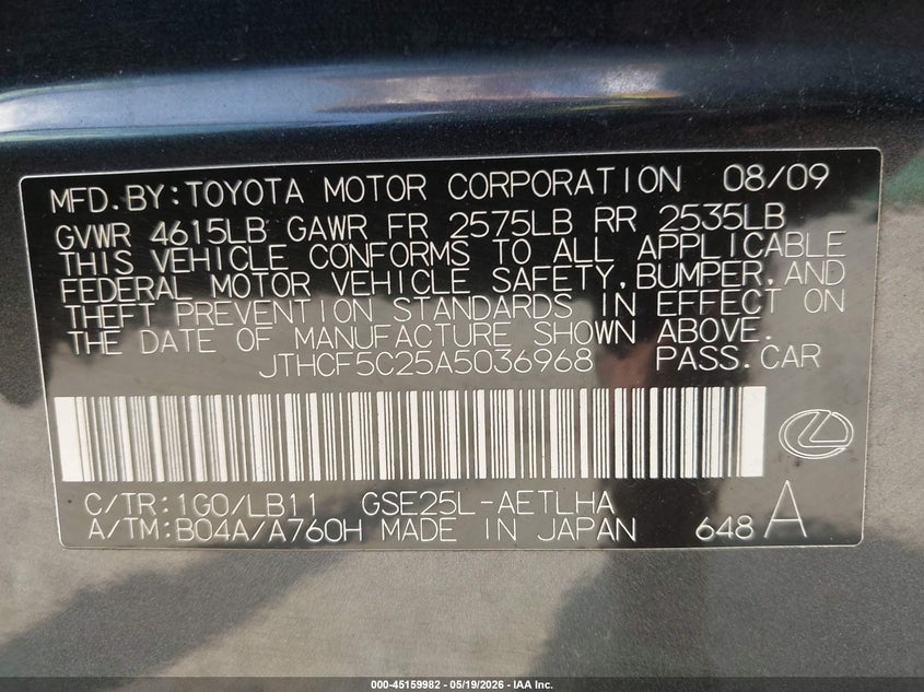 2010 Lexus Is VIN JTHCF5C25A5036968 IAAI salvage auction — FRONT END, Salvage (Pennsylvania), sold $800 on 2026-07-14 (photo 9)
