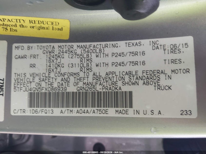 2015 Toyota Tacoma VIN 5TFJU4GN5FX086939 IAAI salvage auction — FRONT END, Original (Texas), sold $5,700 on 2026-07-30 (photo 9)