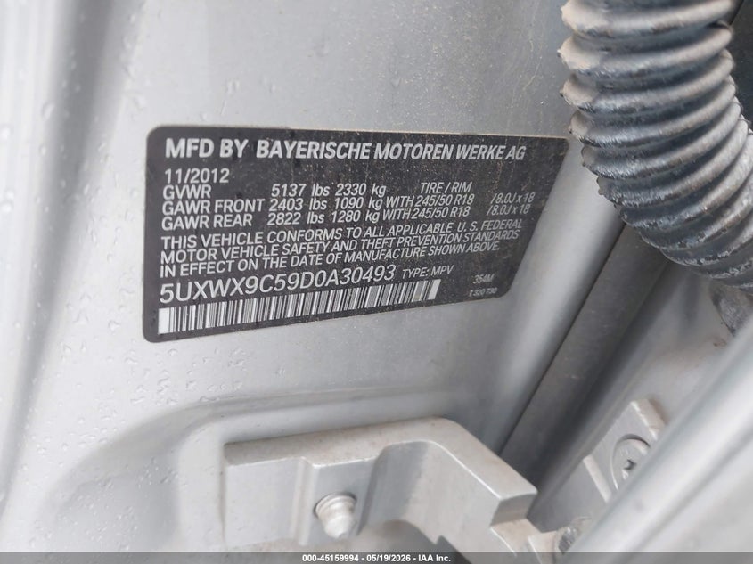 2013 BMW X3 VIN 5UXWX9C59D0A30493 IAAI salvage auction — NORMAL WEAR, Clear - Public Restricted (Oklahoma), sold $1,000 on 2026-07-22 (photo 9)