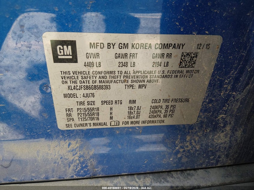 2016 Buick Encore VIN KL4CJFSB6GB588393 IAAI salvage auction — LEFT FRONT, Salvage (Kentucky), sold $250 on 2026-07-29 (photo 9)