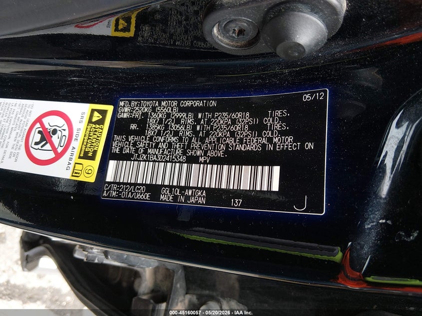 2013 Lexus Rx VIN JTJZK1BA3D2415348 IAAI salvage auction — RIGHT FRONT, Original (Texas), sold $6,600 on 2026-07-22 (photo 9)