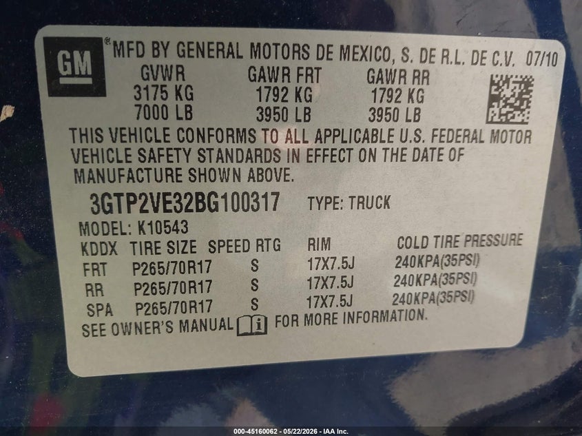 2011 Gmc Sierra 1500 VIN 3GTP2VE32BG100317 IAAI salvage auction — FRONT END, Junk Bill Of Sale Mv2459 (Wisconsin), sold $450 on 2026-07-08 (photo 9)