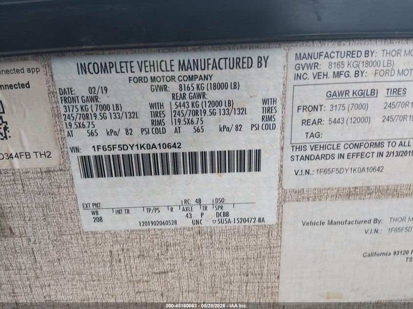 2019 Ford VIN 1F65F5DY1K0A10642 IAAI salvage auction — FRONT END, Salvage Title, sold $11,100 on 2026-08-12 (photo 9)