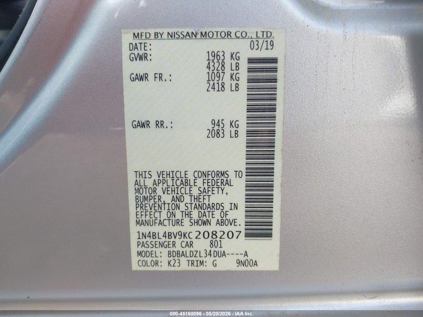 2019 Nissan Altima VIN 1N4BL4BV9KC208207 IAAI salvage auction — FRONT END, Salvage (Alabama), sold $1,850 on 2026-07-17 (photo 9)