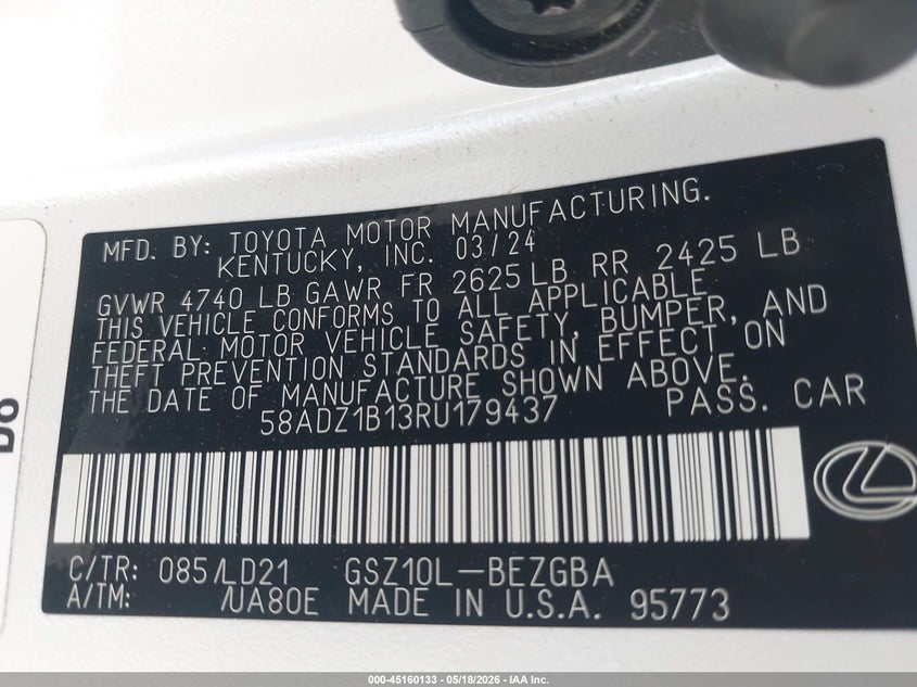 2024 Lexus ES VIN 58ADZ1B13RU179437 IAAI salvage auction — FRONT END, Salvage (California), sold $24,850 on 2026-07-15 (photo 9)