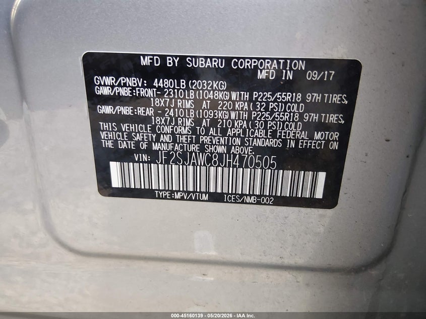 2018 Subaru Forester VIN JF2SJAWC8JH470505 IAAI salvage auction — LEFT SIDE, Salvage (South Carolina), sold $2,050 on 2026-07-07 (photo 9)